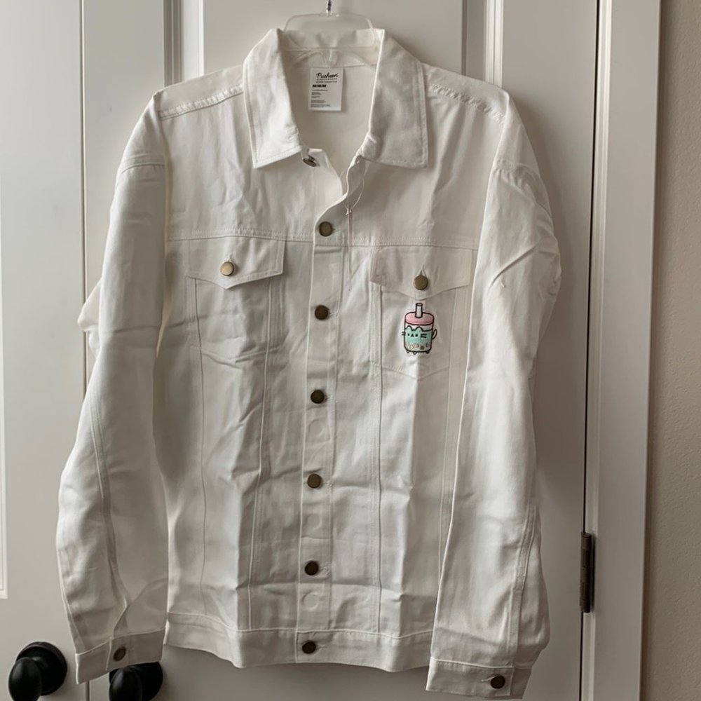PUSHEEN CAT Boba Embroidered White Denim Jacket Sz M